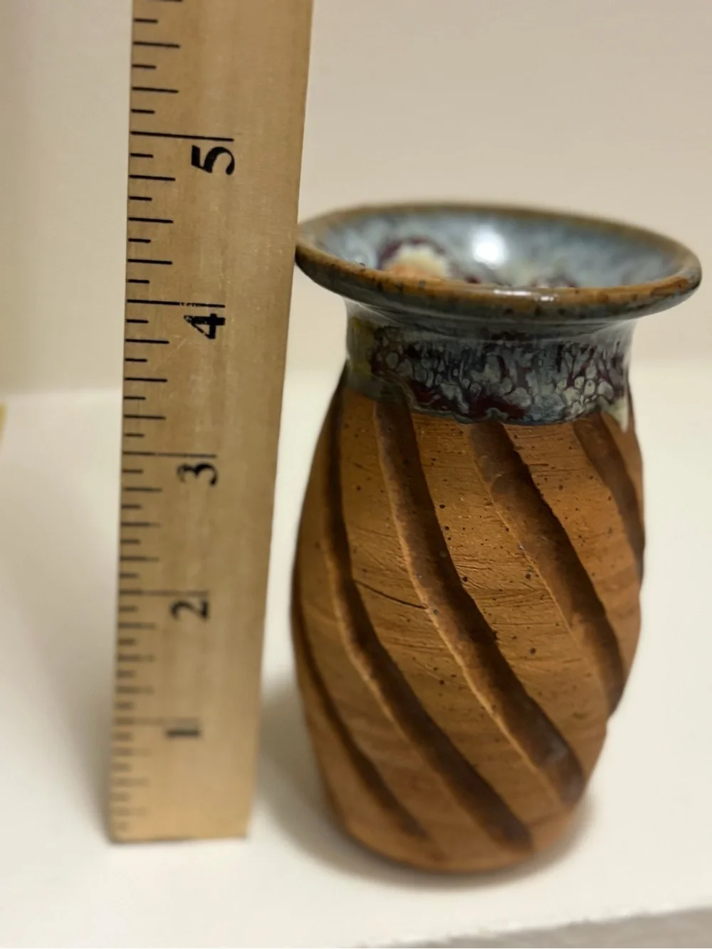 Handcrafted Studio 4.5” Pottery Bud Vase Carved Spiral Pattern Drip Glaze Rim
